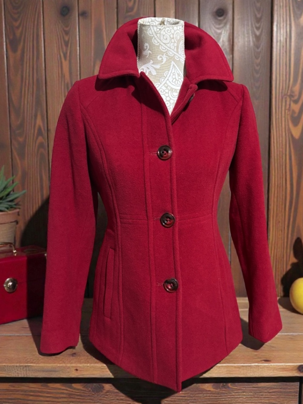 London Fog Women's Deep Red Double-Breasted Pea Coat Sz Small Petite
